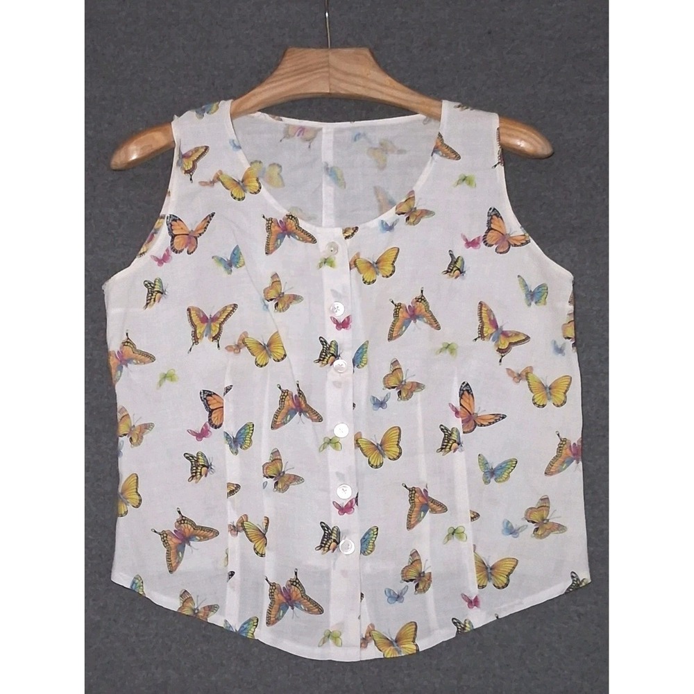 Butterfly Linen Button-down Tank Top Size Medium Ivory Novelty